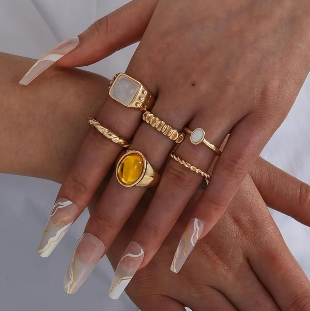 Gold Tone Mixed Stone Stackable Rings - White & Amber Accents 6 Pc